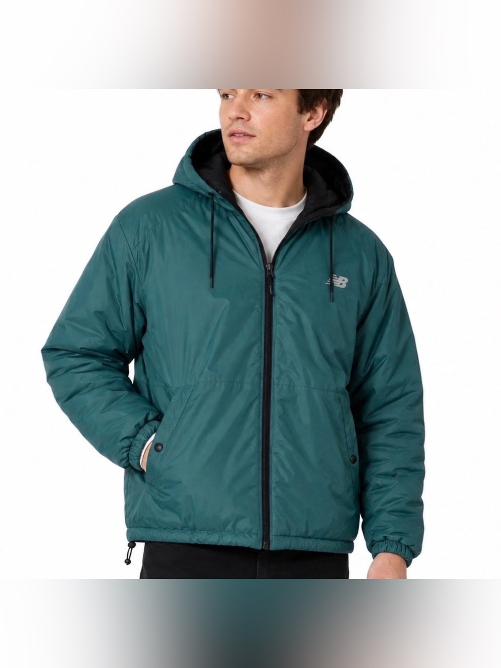 New Balance Mens Large Teal Hooded Puffer Jacket Full Zip Athletic Outdoor Logo